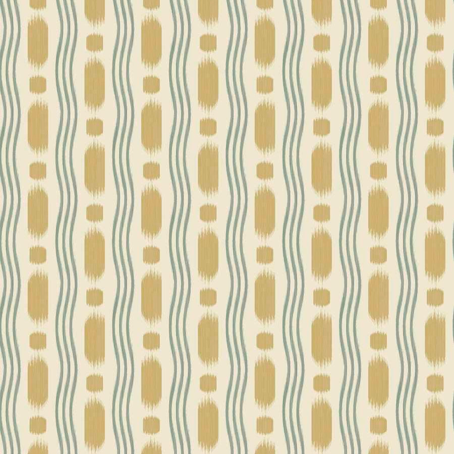 Patterned wallpaper with vertical stripes and geometric shapes in gold and gray.