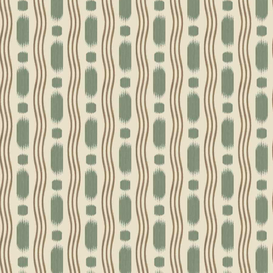 Patterned wallpaper with wavy lines and green abstract shapes on a beige background