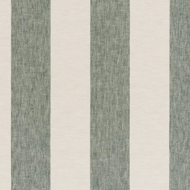 A close-up of a striped fabric with vertical bands of textured sage green and warm off-white.