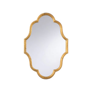 An ornate wall mirror with a scalloped, quatrefoil-like frame in a distressed gold finish, shown against a plain white background.