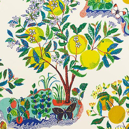 Colorful illustration of a lemon tree with lemons, flowers, and butterflies on a white background.