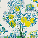 Wallpaper with a colorful pattern of lemons, butterflies, and foliage on a white background