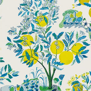 Wallpaper with a colorful pattern of lemons, butterflies, and foliage on a white background