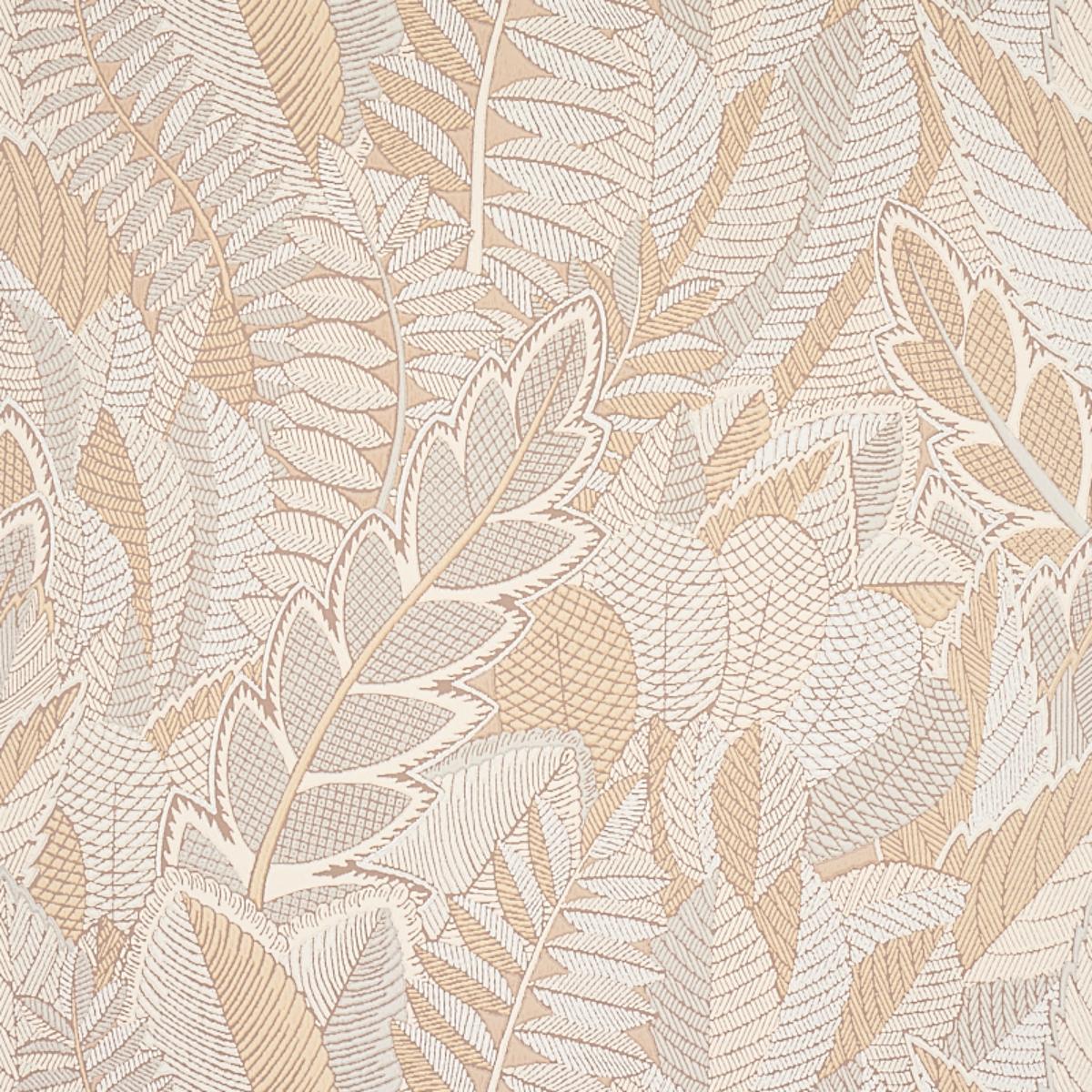 Patterned wallpaper with leaf design in beige and brown tones