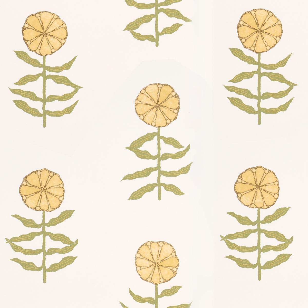 Pattern of yellow flowers with green stems on a white background