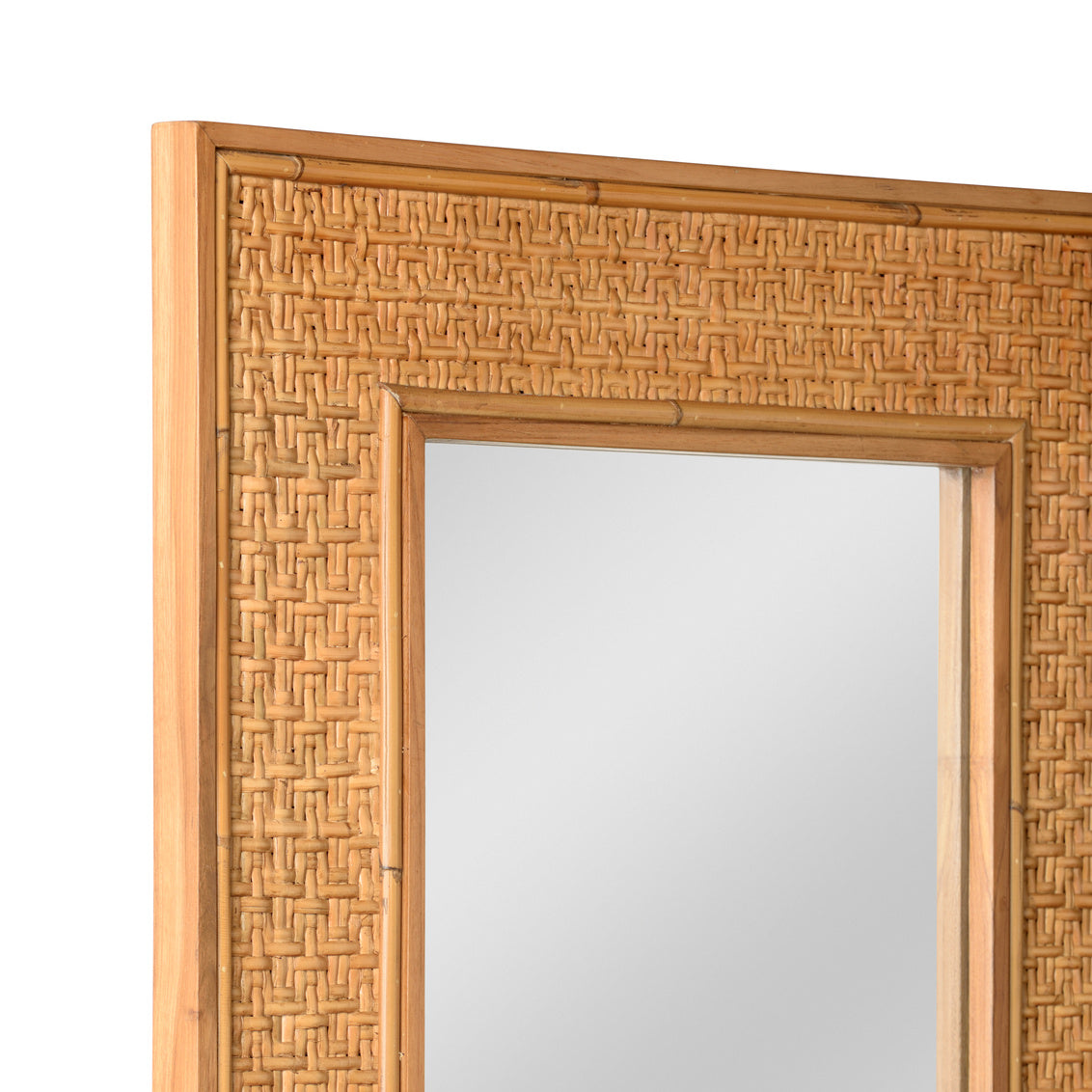 Rectangular mirror with a woven rattan frame on a white background