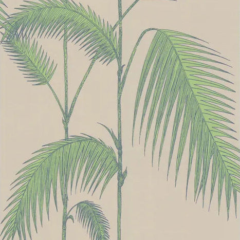 Green palm leaf design on a beige background