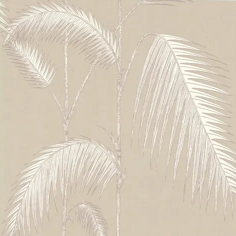 Beige wallpaper with white palm leaf pattern