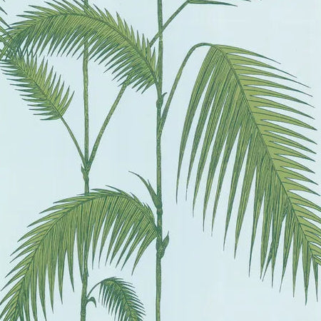 Green palm leaves on a light blue background
