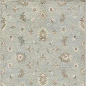 A rectangle area rug with a traditional floral and medallion pattern in muted light blue, beige, and gray tones.