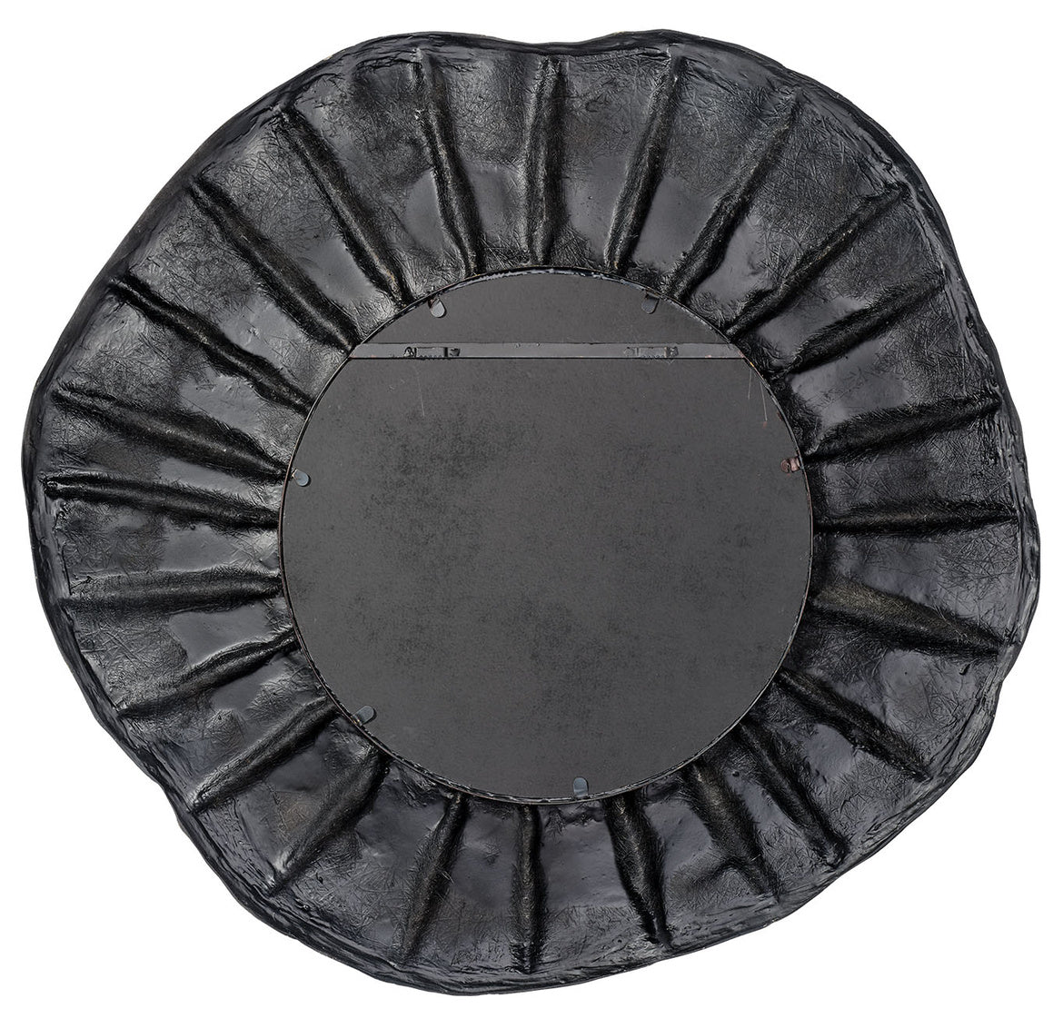 Black round back of mirror with textured rim on a white background