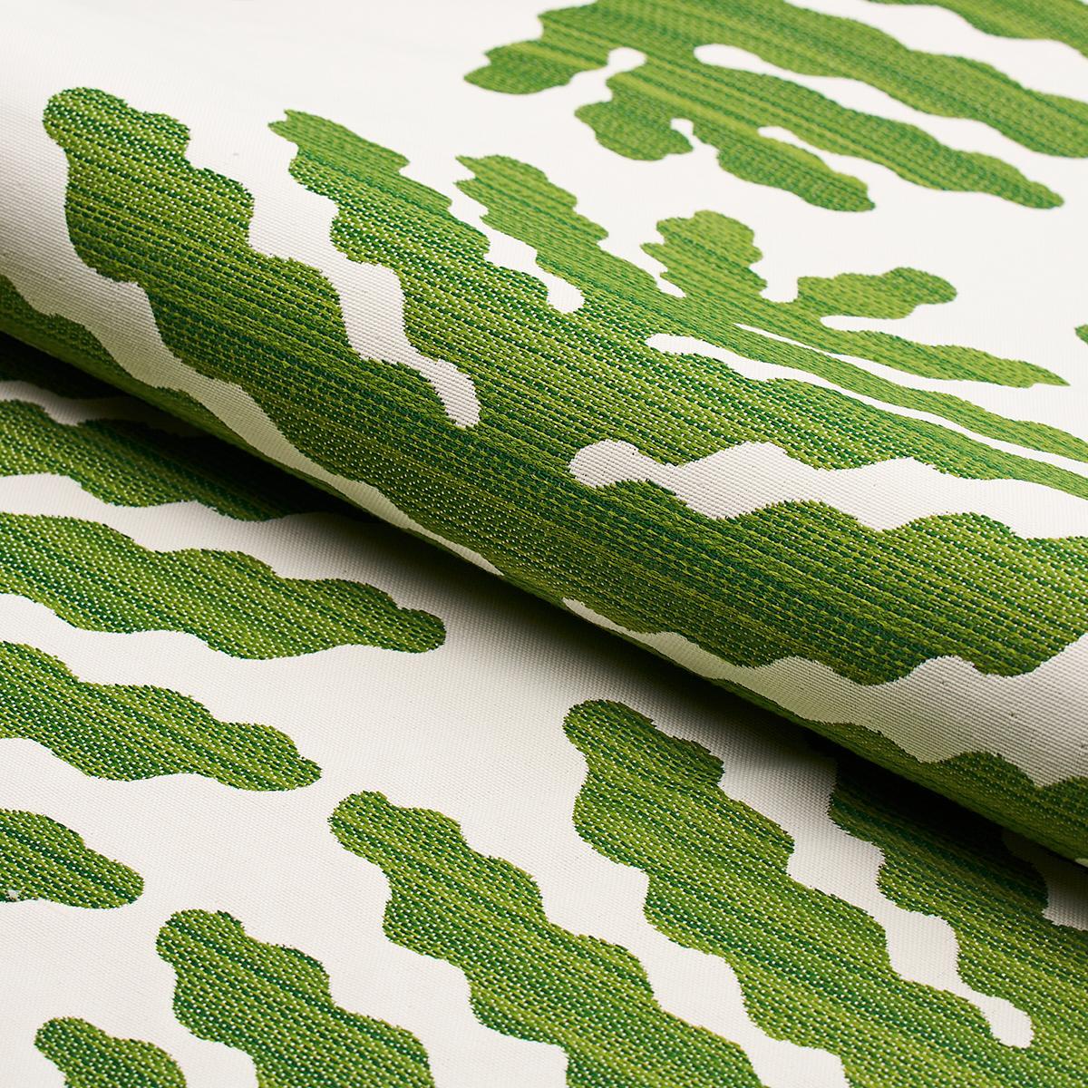 Close up of tropical green leaves on a white performance fabric