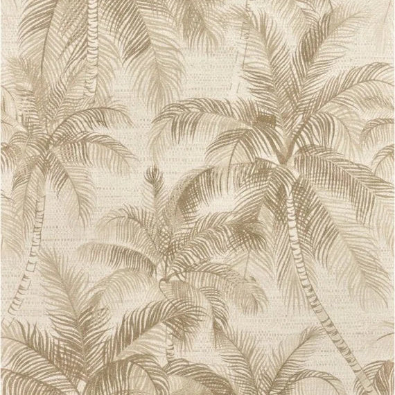 Beige and brown palm tree patterned wallpaper with a textured woven background.