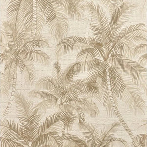 Beige and brown palm tree patterned wallpaper with a textured woven background.