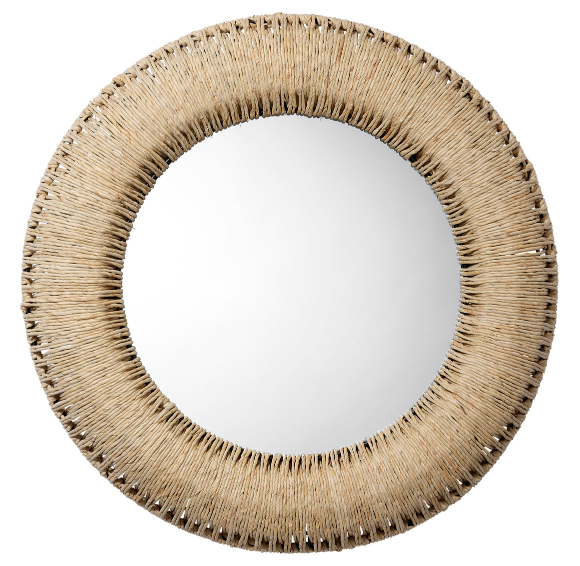 Woven rope round mirror on white background 