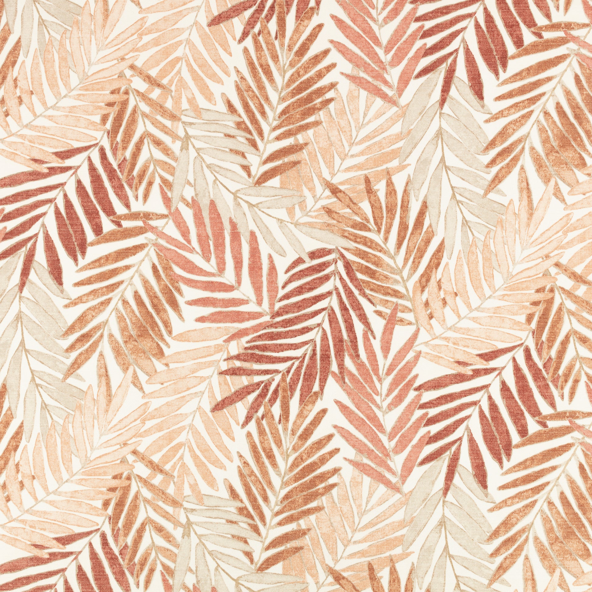 Pattern of palm leaves in red and beige on a light background