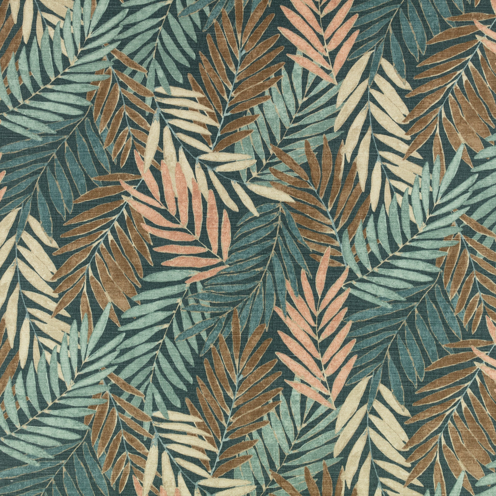Patterned fabric with palm leaves in green, brown, and beige on a dark background