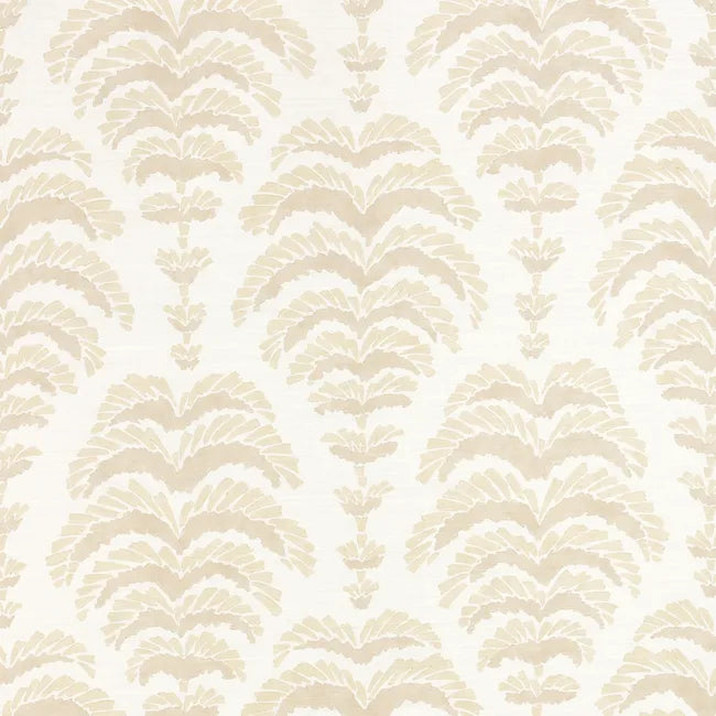 a beige abstract botanical motif on white fabric 