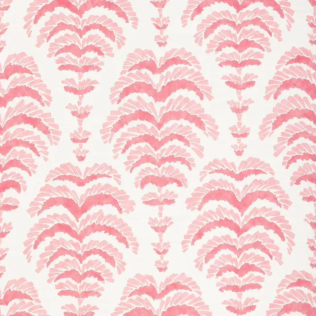 a pink abstract botanical motif on white fabric 