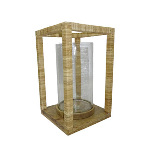 Wooden lantern with a clear glass insert on a white background