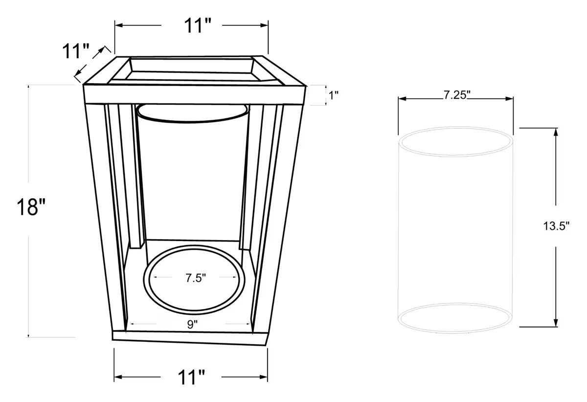 Technical drawing of a lantern with dimensions labeled