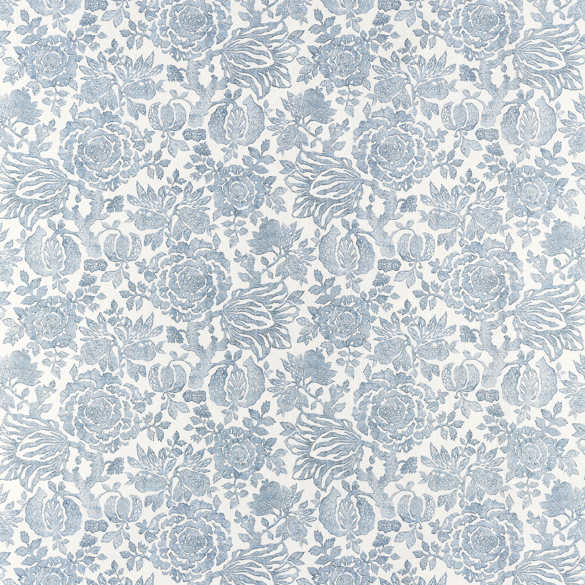 Patterned fabric with blue floral design on a white background