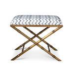 Brass X-Bench stool bamboo legs and patterned cushion on a white background