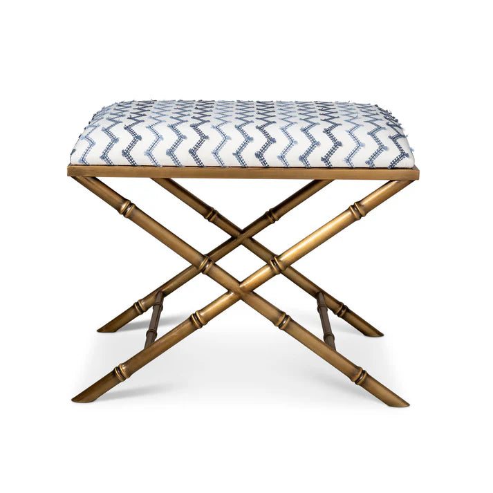 Brass X-Bench stool bamboo legs and patterned cushion on a white background