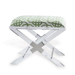 Stool with green patterned cushion and metal frame on a white background