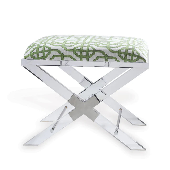 Stool with green patterned cushion and metal frame on a white background