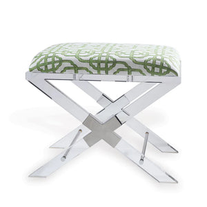 Stool with green patterned cushion and metal frame on a white background