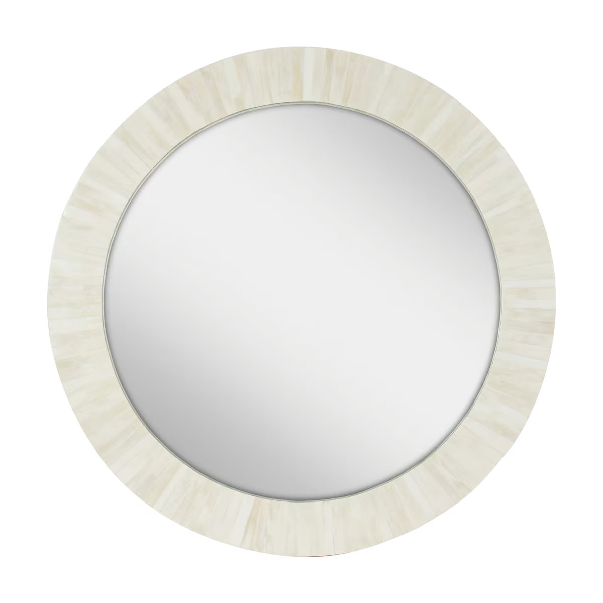Round mirror with a decorative beige frame on a white background
