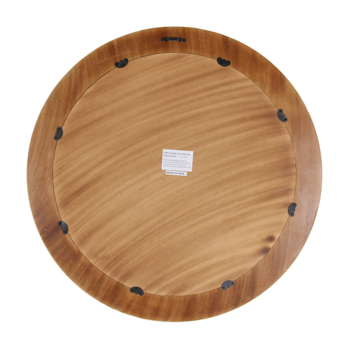 Wooden back of mirror with a label on a white background