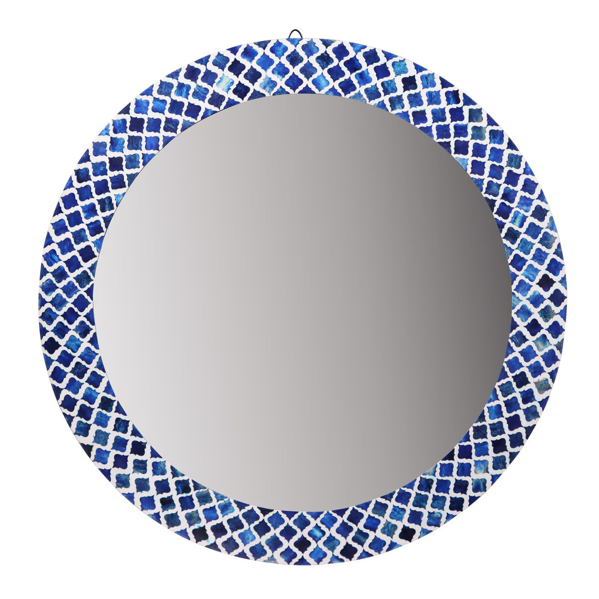 Round mirror with a blue mosaic frame on a white background