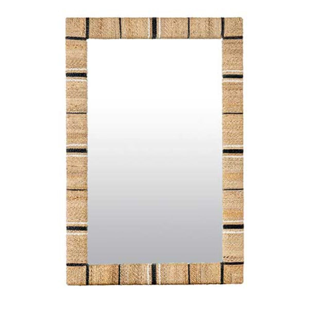 Rectangular mirror with a woven jute frame on a white background