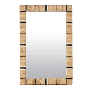 Rectangular mirror with a woven jute frame on a white background