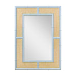 A rectangular wall mirror with a light blue faux-bamboo frame and natural beige woven rattan panels surrounding the reflective center.
