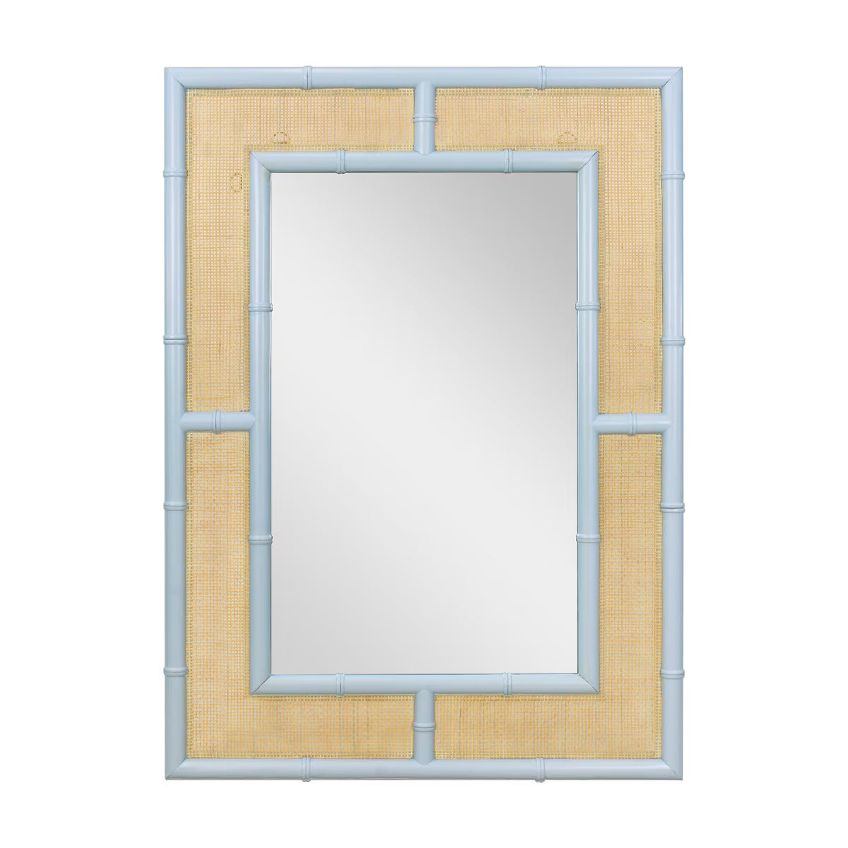 A rectangular wall mirror with a light blue faux-bamboo frame and natural beige woven rattan panels surrounding the reflective center.