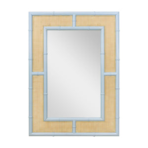 A rectangular wall mirror with a light blue faux-bamboo frame and natural beige woven rattan panels surrounding the reflective center.