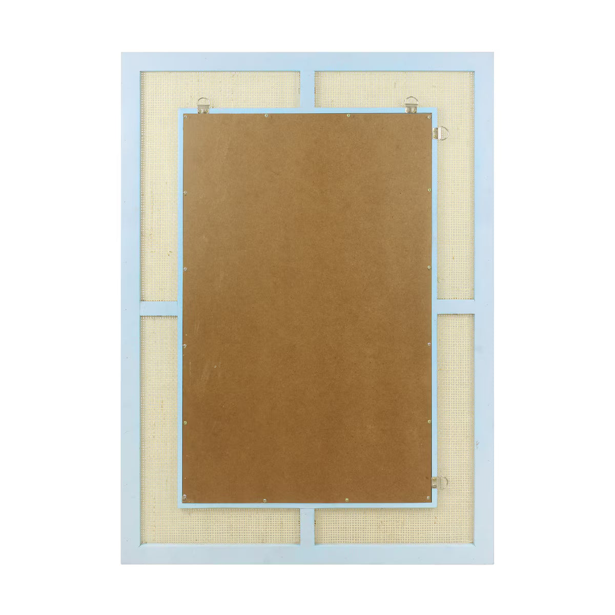 The back view of a light blue wooden mirror with a brown cardboard insert, beige mesh backing, and metal hanging loops, shown on a white background.