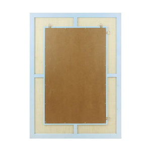 The back view of a light blue wooden mirror with a brown cardboard insert, beige mesh backing, and metal hanging loops, shown on a white background.