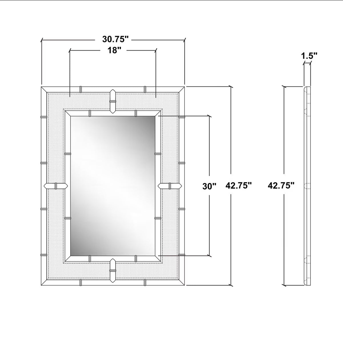 Technical dimension diagram of a rectangular wall mirror with a decorative frame, showing front and side views with measurements in inches.
