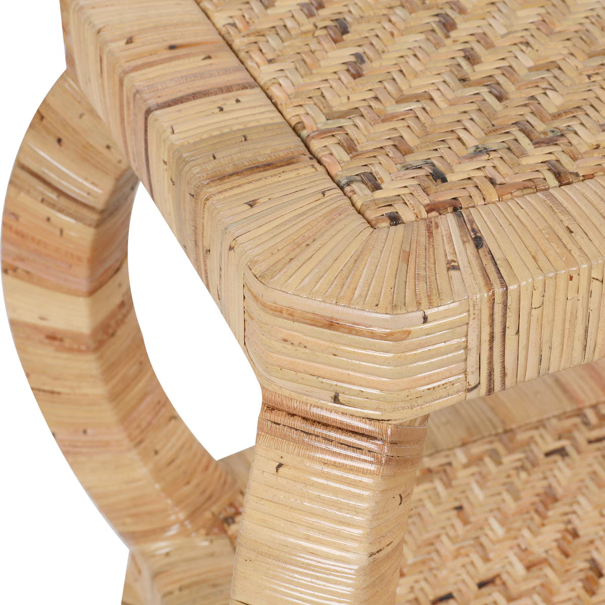 Close-up of a rattan bench with a white background