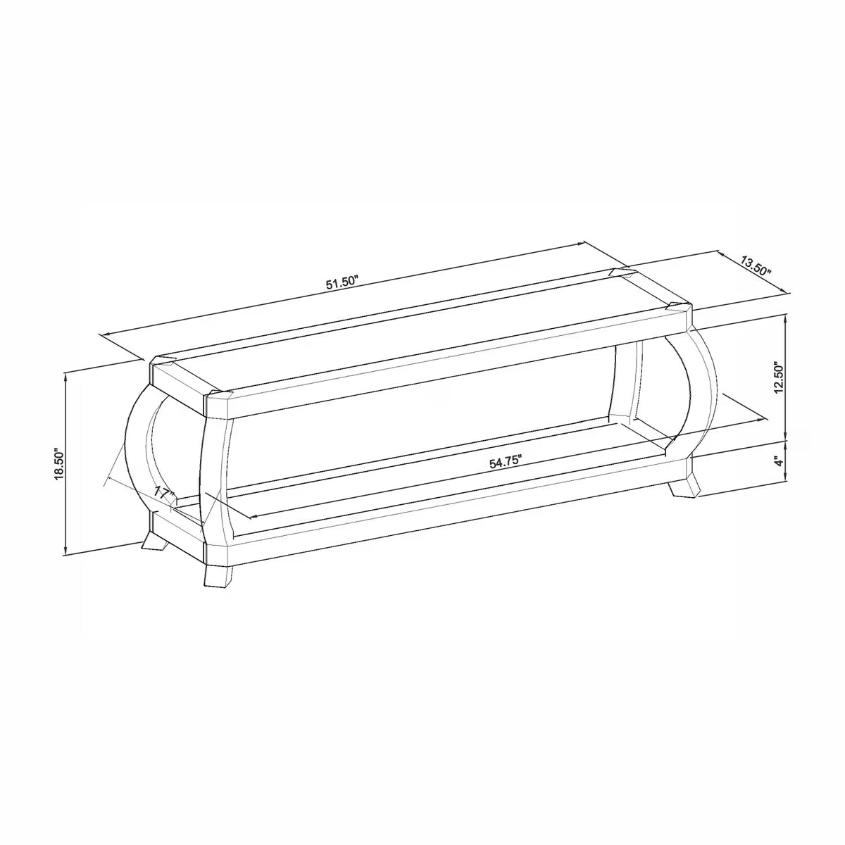 Technical drawing of a bench with dimensions on a white background