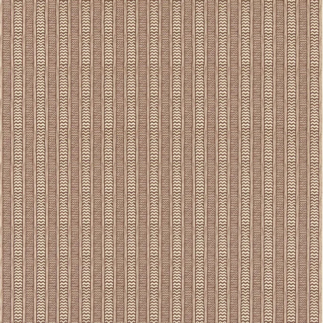 A close-up of a woven fabric pattern featuring vertical stripes in warm brown and beige with a textured chevron-like weave.