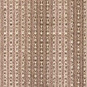 A close-up of a woven fabric pattern featuring vertical stripes in warm brown and beige with a textured chevron-like weave.