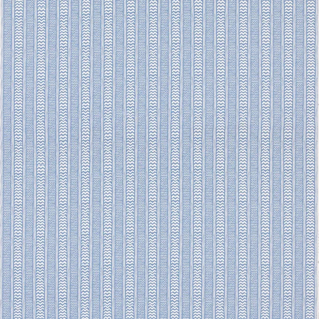 Light blue and white vertically striped fabric with a woven chevron pattern.