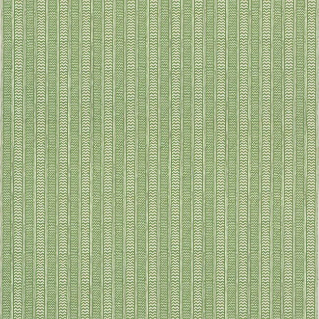A close-up of a woven fabric pattern featuring vertical stripes in sage green and cream with a textured chevron weave.