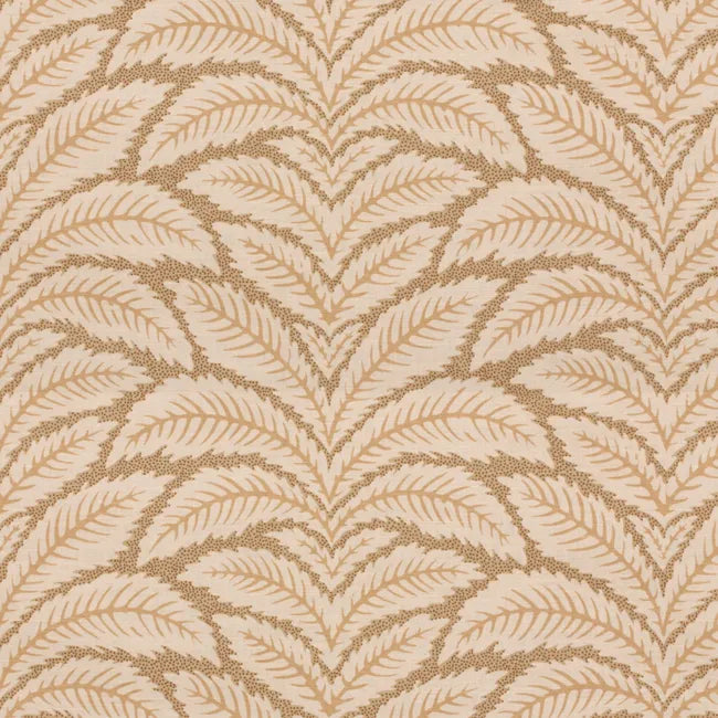 A repeating decorative pattern of stylized palm or leaf-like motifs in warm tan and beige on a cream background.