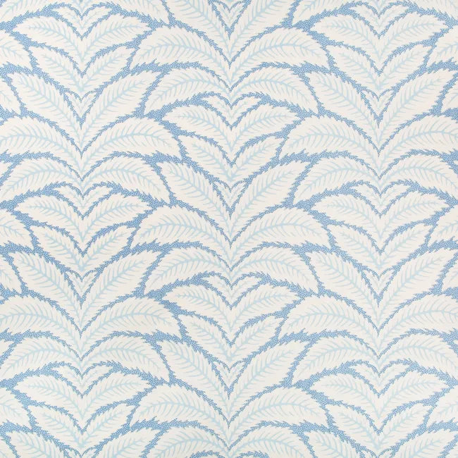 A close-up of a repeating leaf pattern in light blue on an off-white background, filling the frame.
